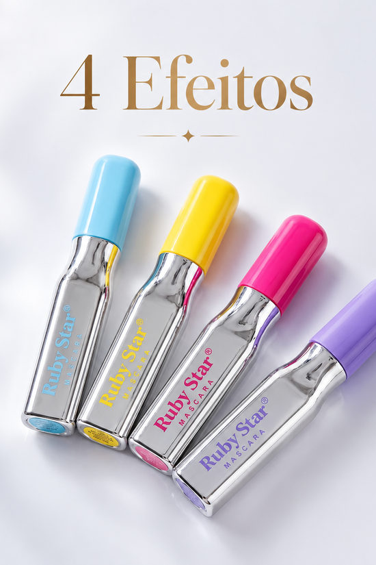 Quatro efeitos da máscara para cílios Ruby Star: volume, alongamento, curvatura e efeito natural