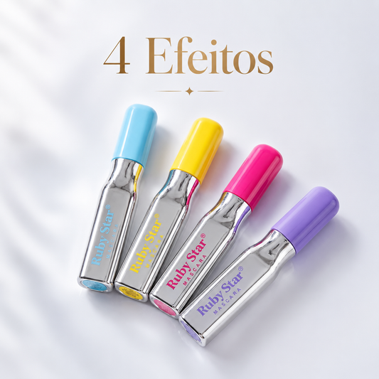 Quatro efeitos da máscara para cílios Ruby Star: volume, alongamento, curvatura e efeito natural