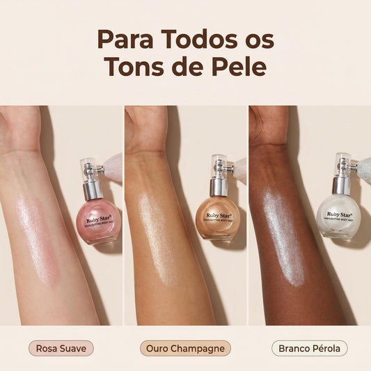 Iluminador Ruby Star aplicado no corpo para um acabamento luminoso